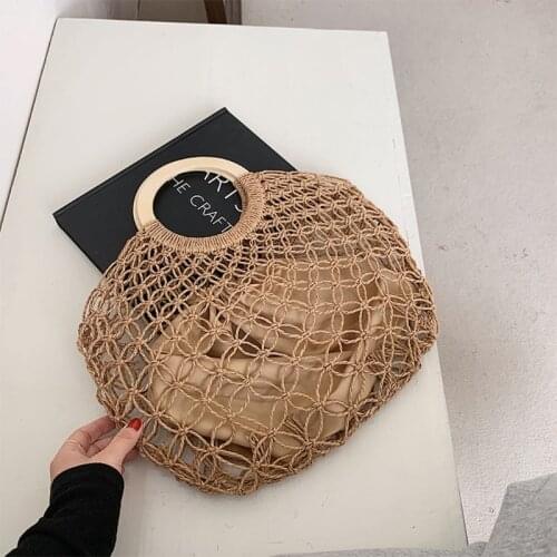 Women Beach Woven Straw Handbag Top Handle Hollow Crochet Fishing Net Tote Bag