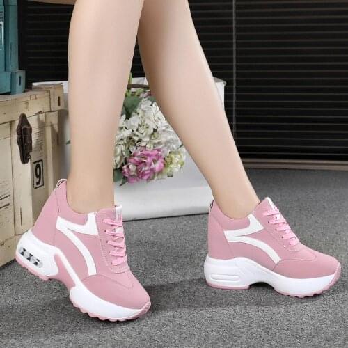 2019 Spring Autumn Breathable Mesh Sneakers Hidden Increasing Shoes Women Wedge Casual Shoes Lace High Heels 9 Cm Platform Shoes