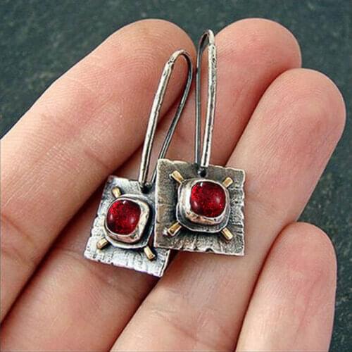 Yobest Retro Crystal Dangle Earrings for Women Lady Vintage Silver Color Red Stone Wedding Party Drop Earrings Jewelry Gifts