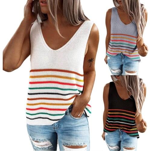 Women Summer Sexy Fashion V Neck Sleeveless Horizontal Stripes Knitted Loose Vest Blouse Ladies Casual Beach Tank Tops Clothing