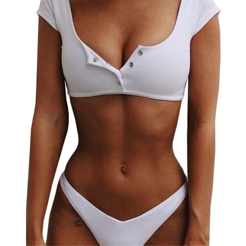 Ladies Sexy Bikini 2021 Europe and America New INS Pure Color Split Swimsuit with Sleeve Briefs Pure White Bikini Exotic