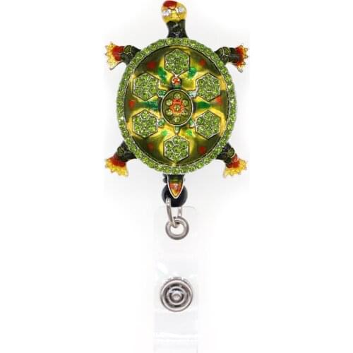 50pcs/lot Green Crystal Rhinestone Vintage Tortoise/Turtle Retractable ID Badge Reel Holders Nurse Decoration