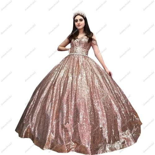 Sparkly Rose Gold V neck Cheap Quinceanera Dresses 2021 Off shoulder Ball Gown Rhinestones Belt Corset Vestido De 15 XV Anos