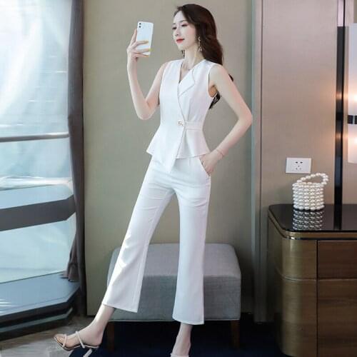 Women Summer Suit Sleeveless V-Neck Top + Cropped Trousers Solid Color 2 Two Piece Lady Office Fashion Slim Clothes Set 2021