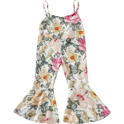 Breathable Little Girls Suspender Jumpsuit, Summer Toddlers Floral/Cherry Printing Sleeveless Bell-bottomed Siamese Trousers