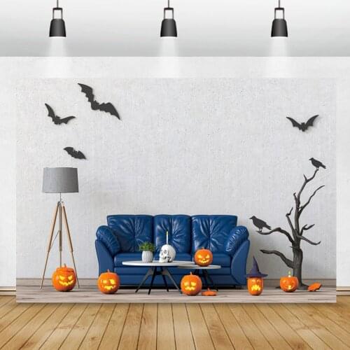 Halloween Photo Backdrop Living Room Pumpkins Grimaces Black Bat Pattern Sofa Scene Family Shoot Party Photograhy Background