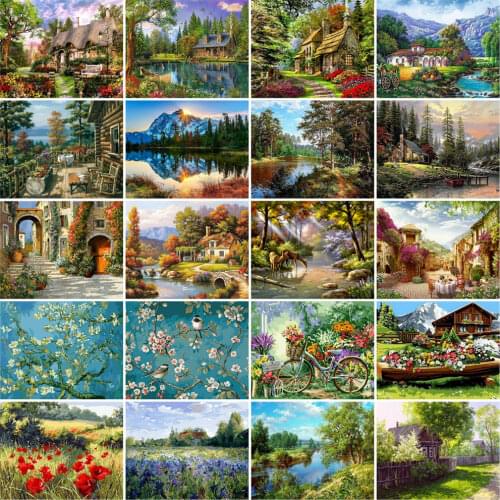 HUACAN Painting By Numbers House Scenery DIY Frame Pictures Paint By Number Mountain Lake On Canvas DIY Home Decoration 60x75cm