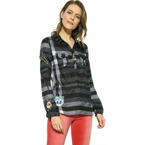 Spanish black flocking printing nail bead drop shoulder sleeve blouse