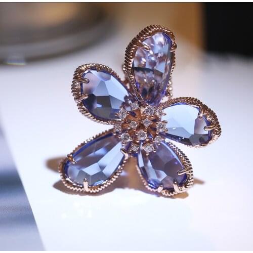 MOONROCY CZ Crystal Rings Blue Gray Flower Party Hyperbole for Women Girls Gift Dropshipping Party Jewelry Wholesale