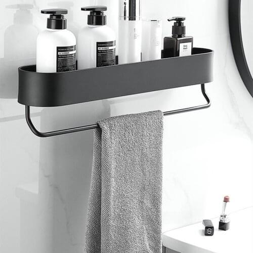 Bathroom Kitchen Accessories No Nails Metal Shower Storage Shelf Organizer Wall-Mounted Shampoo Holder Rack with Towel Hanger