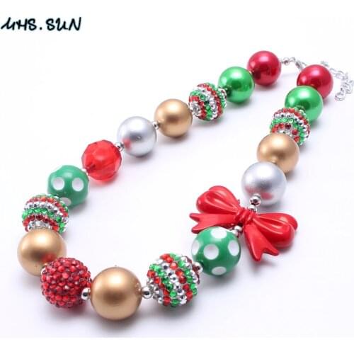 MHS.SUN 2Pcs Newest Christmas Kids Chunky Necklace DIY Red Bow Girl Children Bubblegum Beads Chunky Necklace Festival Jewelry