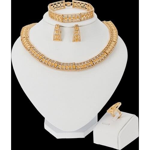 Fashion Bridal Necklace Jewelry Sets Bracelet Crystal Earrings Dubai Gold Jewelry for Women Wedding Ring Jewelry Set