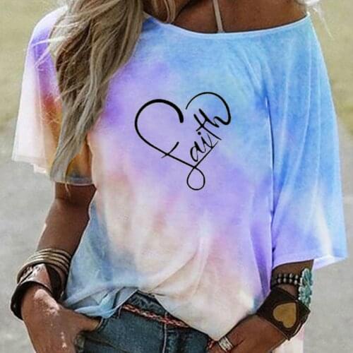 Fashion Summer Ladies Faith Print Tops Sexy Gradient Off Shoulder Loose T-shirts One-way Collar Casual Loose Short Sleeve Shirt