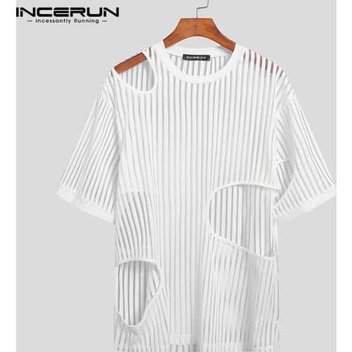 2021 Men T Shirt O Neck Striped Short Sleeve Mesh Hollow Out Sexy Casual Tee Tops Streetwear See Through Camisetas S-5XL INCERUN