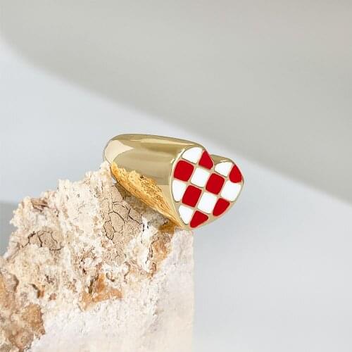 2021 New Fashion Square Pattern Ring for Women Girls Simple Trendy Red White Enamel Grid Metal Charm Ring Rings Jewelry Gifts