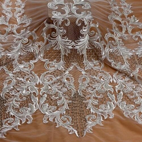 New fashion off white large pattern handmade beaded embroidery lace fabric show dress evening clothes lace fabric