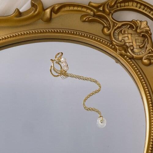 Origin Summer Unique Design Simulation Pearl Headset Chain Clip Earring for Women Long Tassel Metal Irregular Earring Jewelry