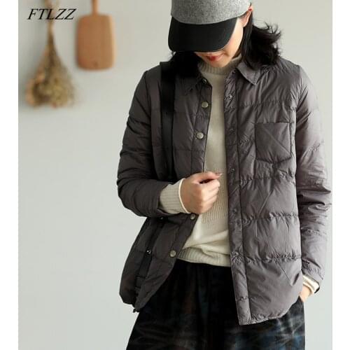 FTLZZ New Autumn Winter Women Turn Down Collar Down Coat Ultra Light 90% White Duck Down Jacket Single Breasted Windproof Parkas