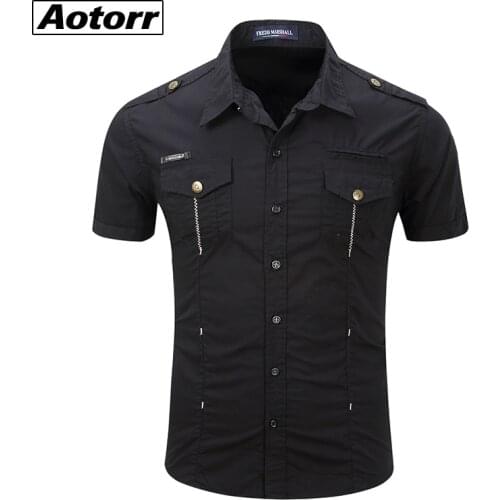 New Men Military Uniform Short-sleeve Dress Cotton Shirts Work Shirt Casual Tops Male Button-down Patch Chest Pocket Lapel Shirt