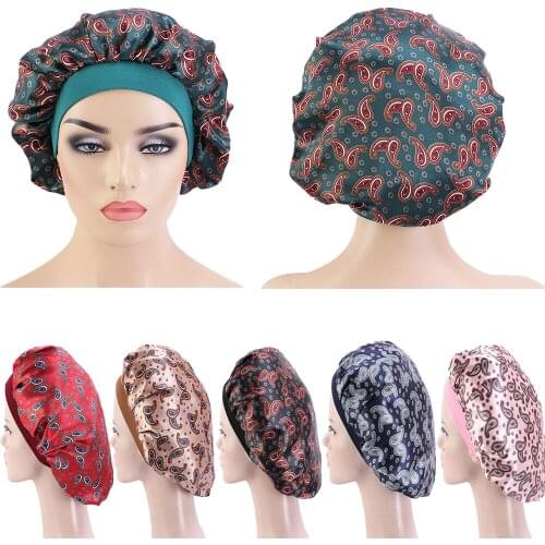 New Women Beauty Print Satin Bonnet Sleep Night Cap Elastic Wide Band Muslim Head Cover Bonnet Hat for For Curly Springy Hair