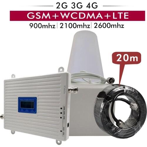 2G 3G 4G Tri Band Signal Booster GSM 900MHz+UMTS WCDMA 2100(B1)+FDD LTE 2600(B7) Mobile Signal Repeater Amplifier Full Set #20M