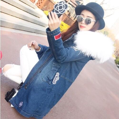2020 autumn winter jacket coat women Holes Denim long jacket real large raccoon fur collar and faux fur thick warm Liner
