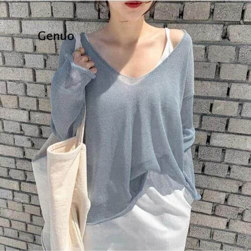 Women Casual V Neck Knitted Blouse Solid Loose Ladies Tops Batwing Sleeve See Through Sexy Shirt Female