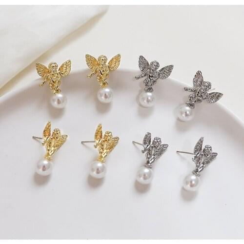 4pcs korean Vintage Baroque Angel Wings Pearl stud earrings for women Ladies diy Elegant Jewelry Earring Material Fitting