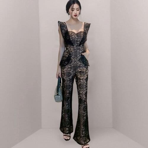 2021 Sexy Lace Backless Women Square Collar Sleeveless Jumpsuits Ladies Elegant Fashion OL High Waist Slim Black Flare Rompers