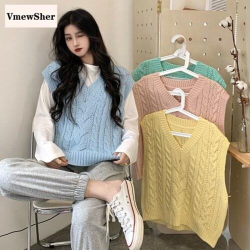 VmewSher New Autumn Sweater Vest Women Solid Knit Sleeveless Preppy Style Jumper Sweet V-neck Pullover Loose Casual Twist Tops