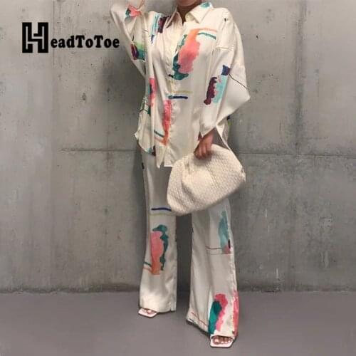 Printed Casual Women Two Pieces Set Loungewear Long Sleeve Shirt Tops & Wide Leg Pants Set Homewear