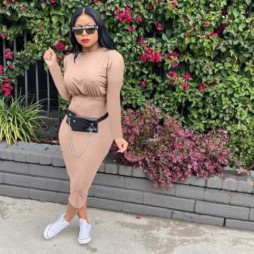 Casual Streetwear Solid Skirts Two Piece Set Women Elegant O Neck Long Sleeve Crop Top + Long Skirts Bodycon Women Set Clothing