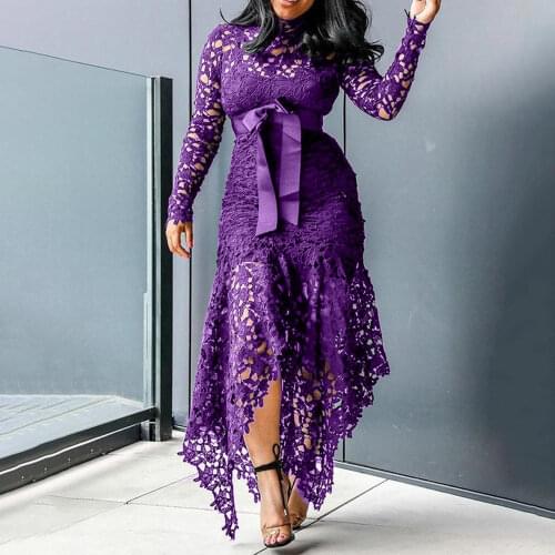2020 Lace Floral Hollow Out Dress Women Long Sleeve Fashion Ruched Neck Dress Party Formal High Waist Maxi Irregular Hem Dress