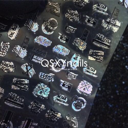 50pcs NEW F Series Sticker Holographic Metal Gold Silver Letters Black White Maple Leaf Adhesive Decals Nail Art Decoration