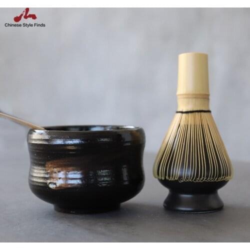 Tea Set 4pcs/set Traditional Matcha Giftsets Bamboo Matcha Whisk Scoop Ceremic Matcha Bowl Whisk Holder Japanese Tea Sets