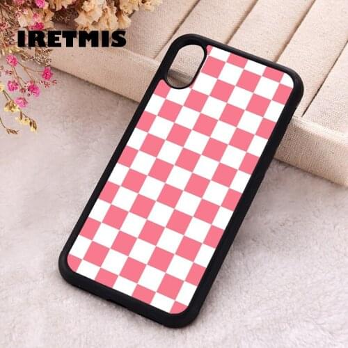 Iretmis 5 5S SE phone cover cases for iphone 6 6S 7 8 Plus X Xs Max XR 11 12 MINI Pro Soft Silicone Pink + White Checkerboard