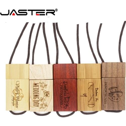 JASTER Lanyard Wooden USB Flash Drive red wood pendrive 4GB 8GB 16GB 32GB 64GB bamboo Memory Stick logo engraving wedding gifts