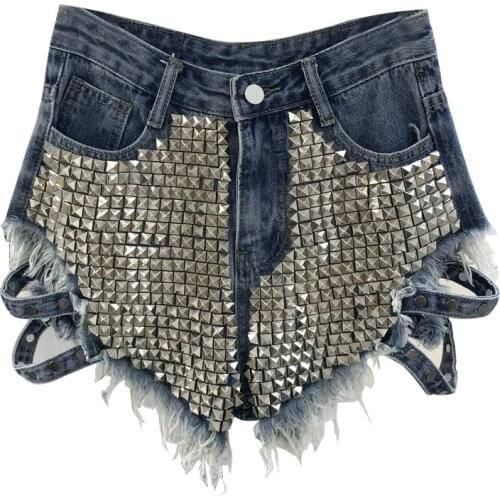 Rivet beading denim shorts female high waist hollow cut hole denim shorts with strap street style hot shorts wq1608 dropship