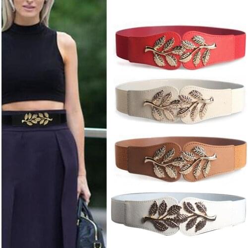 Elegant Dress Women Belt Luxury Fashion Metal Leaf Buckle Elastic Waistband Creative Design Belt Dresses Accessory