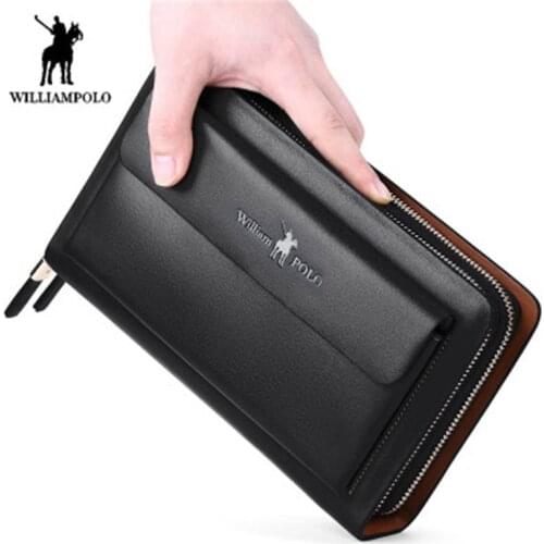 Williampolo mens wallet fashion mens long leather wallet double zipper wrist strap clutch multi-function mens business wallet