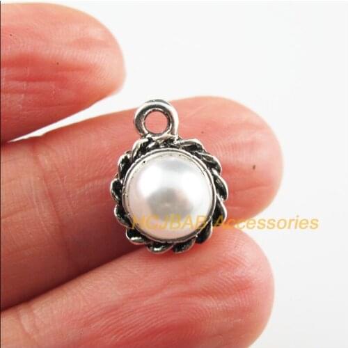 Fashion 20Pcs New Round Charms Tibetan Silver Color White Acrylic Pendants 11x15mm