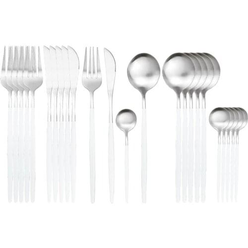 6Set White Silver Cutlery Set Knife Fork Spoon Tableware Set 18/0 Stainless Steel Dinnerware Silverware Set Kitchen Dinner Set