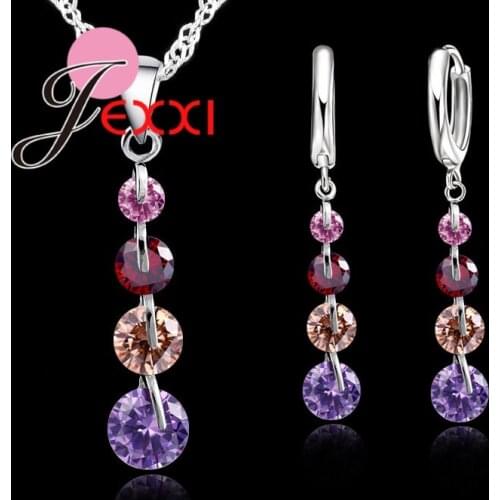 New Romantic Real 925 Sterling Silver Shiny Drop Crystals Chain Crystal Pendant Jewelry Set For Women Wedding Jewelry Set