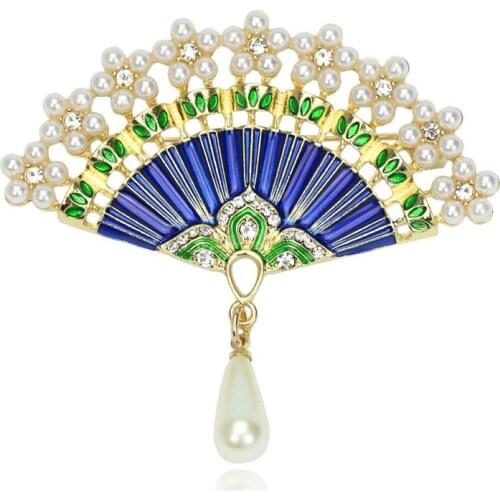 2020 New Creative Alloy Fan Jewelry Fashion Rhinestone Franc Pearl Blue Womens Brooch