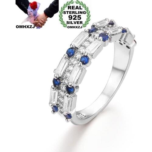 OMHXZJ Wholesale European Fashion Woman Man Party Wedding Gift Silver Blue Three Lines AAA Zircon 925 Sterling Silver Ring RR40