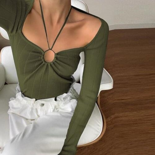 OMSJ Fashion Criss Cross Halterneck Long Sleeve Tees 2021 Autumn Women Slim Fit Sexy Hollow Out Lace-up Bandage Crop Top T-shirt