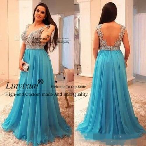 Stunning Beaded Chiffon Plus Size Prom Dresses Deep V Neck Backless Evening Gown Floor Length Pleated Long Formal Guest Dress