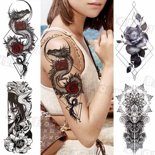 Realistic Geometric Dragon Rose Temporary Tattoos For Women Adult Ganesha Female Fake Tattoo Custom Armband Washable Tatoo