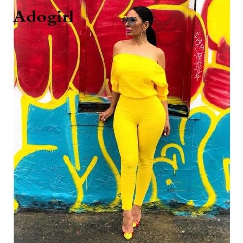 Solid Color Off Shoulder Zipper Up Half Length Sleeve Jumpsuit Women Sexy Loose Top Pencil Pants Casual Romper Office Overalls