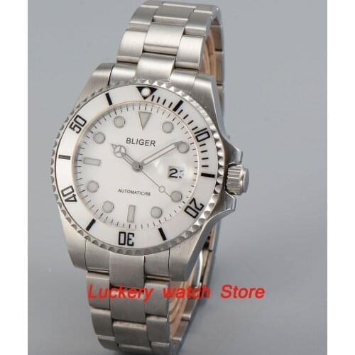 40mm Bliger white dial luminous saphire glass;white Ceramic Bezel Automatic movement mens watch-BA17
